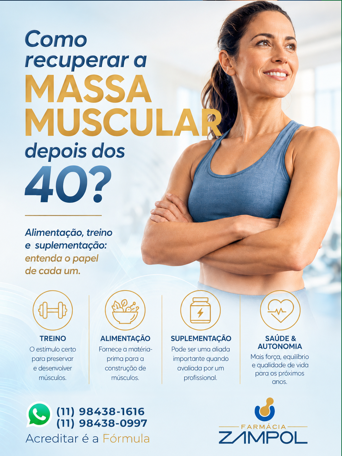 Mulher com mais de 40 anos praticando exercício de força, representando a recuperação da massa muscular por meio de treino, alimentação e suplementação.